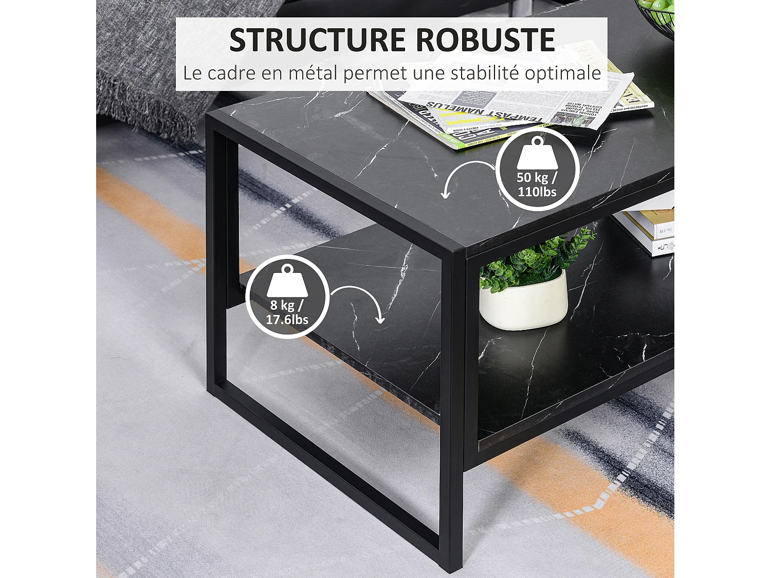 Table Basse Style Moderne avec 2 Étagères 106 x 50 x 47 cm Noir