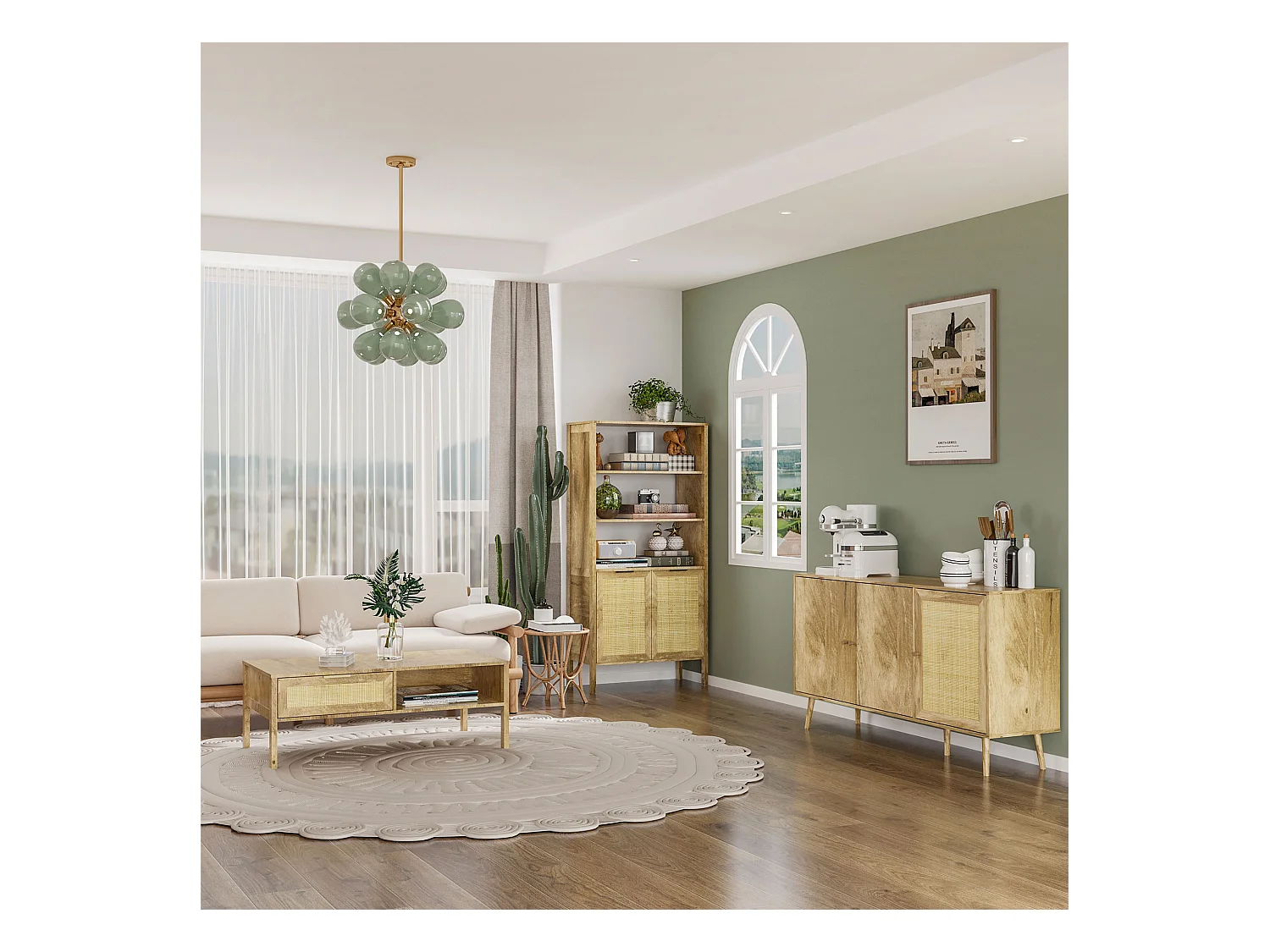 Table basse style bohème chic - tiroir coulissant, 2 niches - cannage en rotin panneaux aspect chêne clair