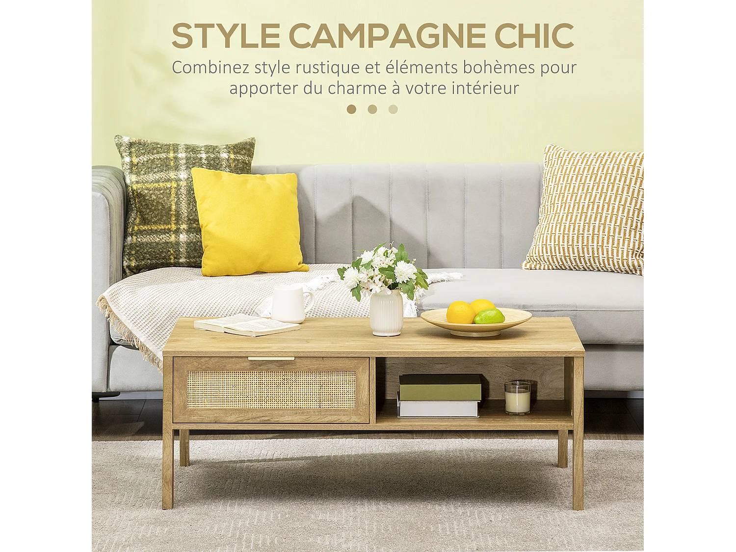 Table basse style bohème chic - tiroir coulissant, 2 niches - cannage en rotin panneaux aspect chêne clair