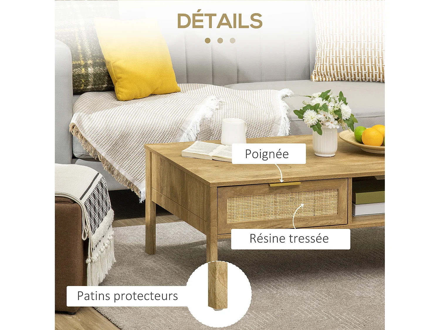 Table basse style bohème chic - tiroir coulissant, 2 niches - cannage en rotin panneaux aspect chêne clair