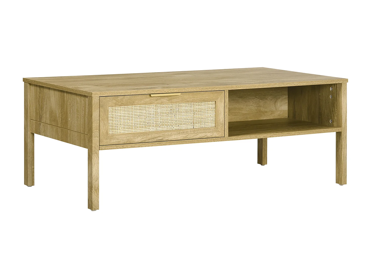 Table basse style bohème chic - tiroir coulissant, 2 niches - cannage en rotin panneaux aspect chêne clair