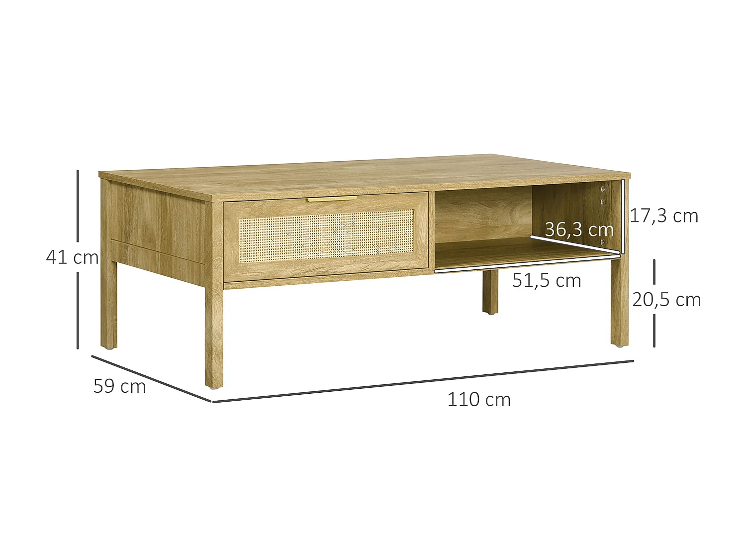 Table basse style bohème chic - tiroir coulissant, 2 niches - cannage en rotin panneaux aspect chêne clair
