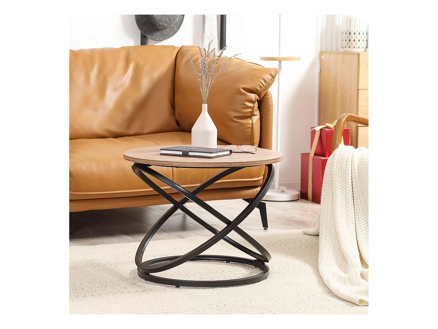 Table basse ronde design industriel néo-rétro Ø 60 X 46H cm acier anneaux noir aspect chêne clair