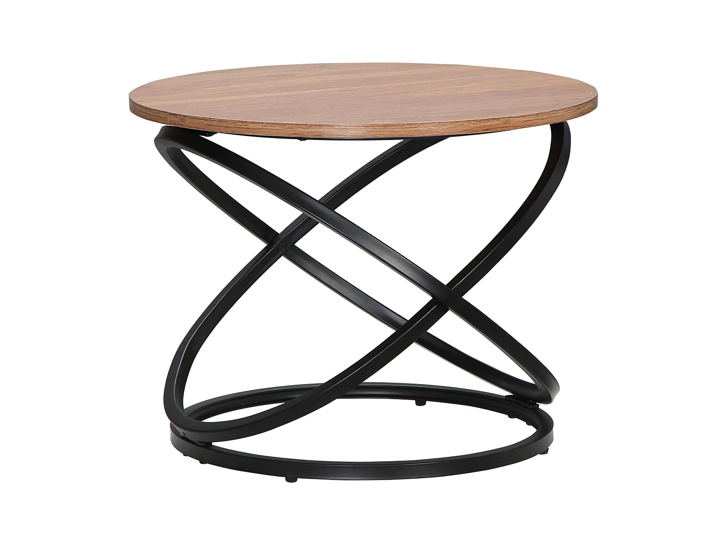 Table basse ronde design industriel néo-rétro Ø 60 X 46H cm acier anneaux noir aspect chêne clair