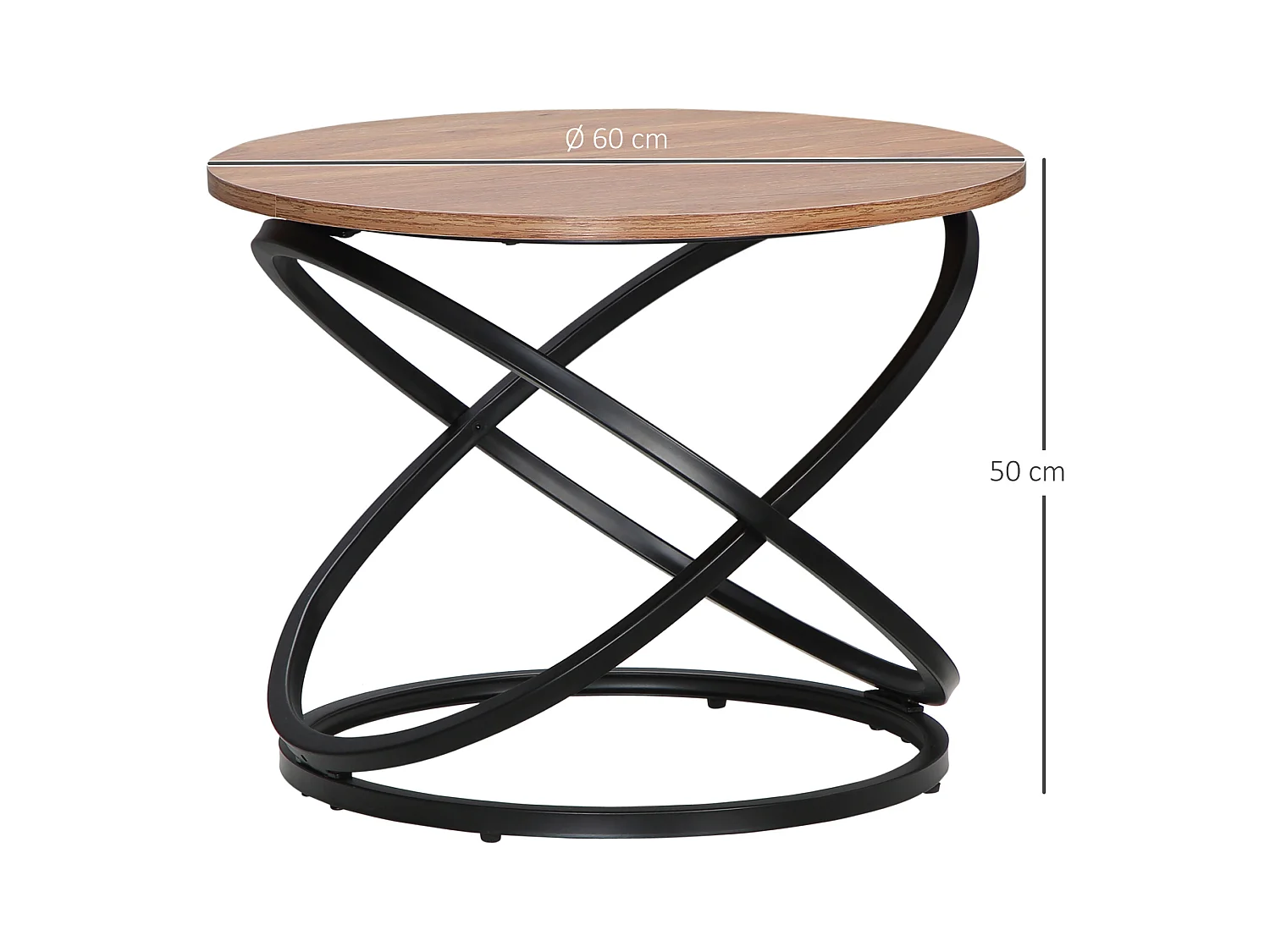 Table basse ronde design industriel néo-rétro Ø 60 X 46H cm acier anneaux noir aspect chêne clair