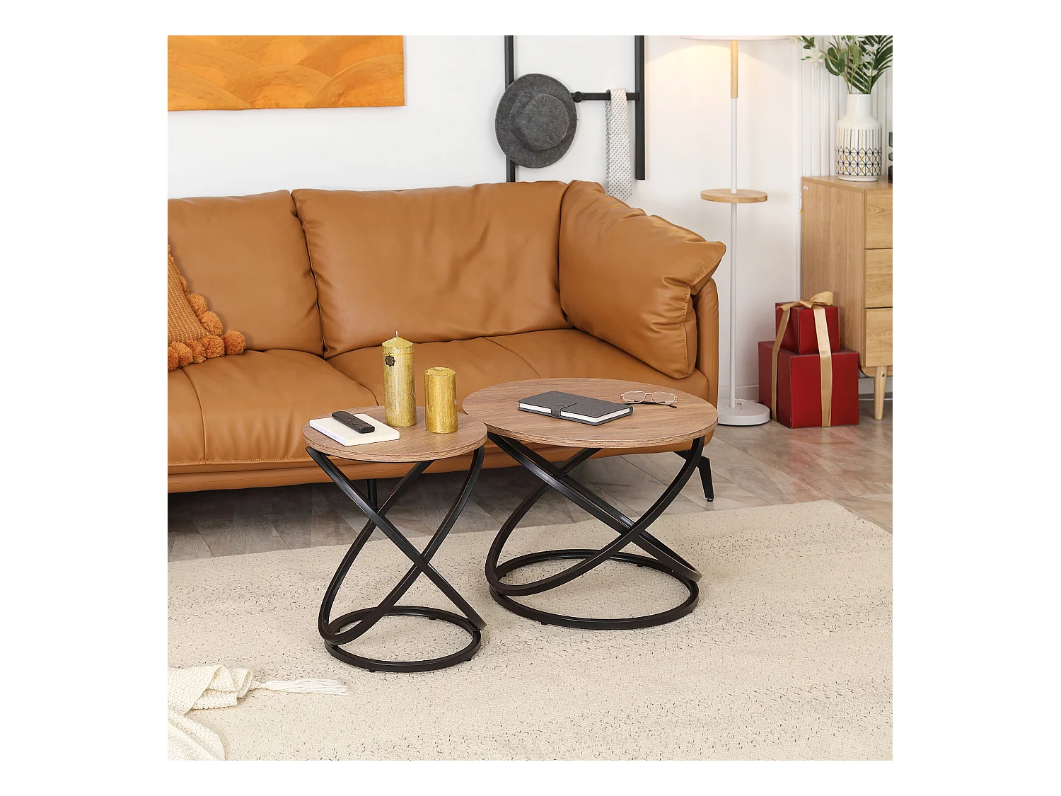 Table basse ronde design industriel néo-rétro Ø 60 X 46H cm acier anneaux noir aspect chêne clair