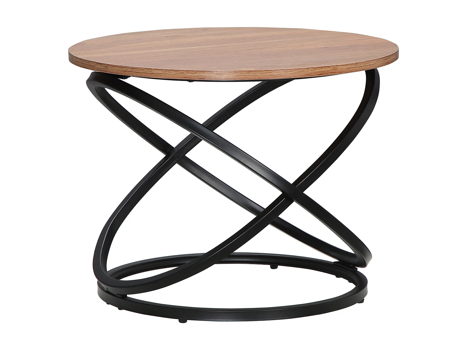 Table basse ronde design industriel néo-rétro Ø 60 X 46H cm acier anneaux noir aspect chêne clair