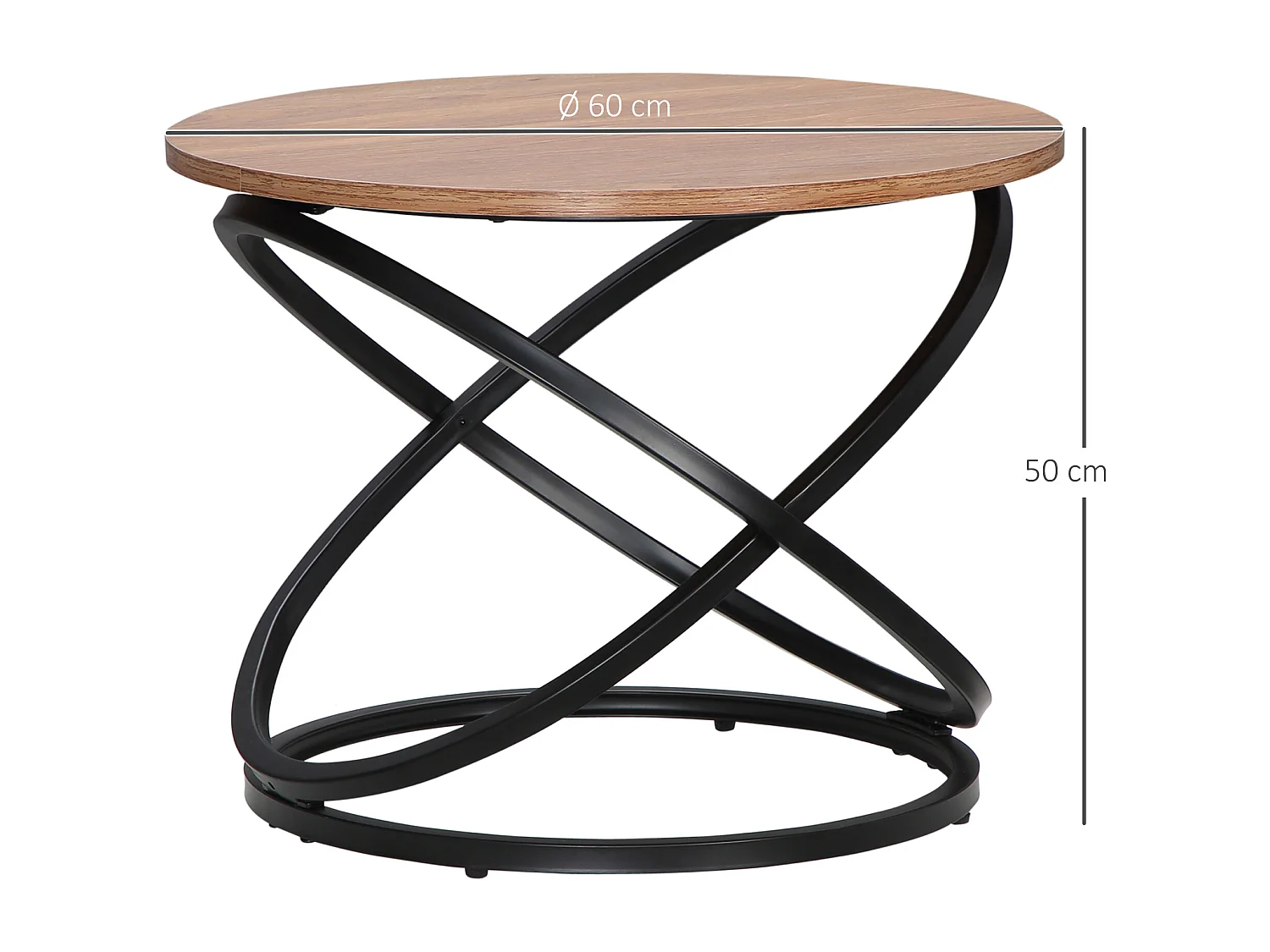 Table basse ronde design industriel néo-rétro Ø 60 X 46H cm acier anneaux noir aspect chêne clair