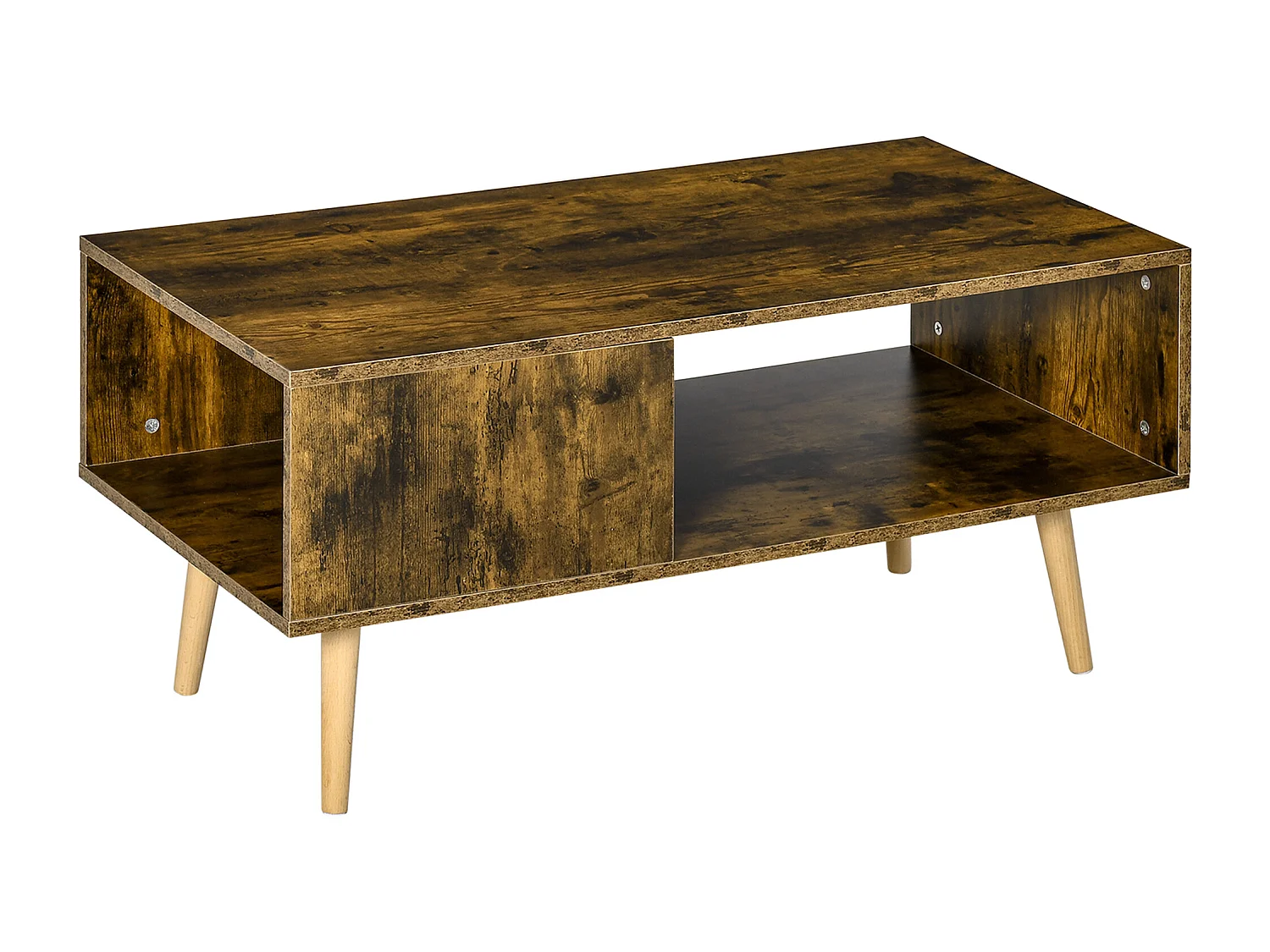 Table basse rectangulaire style industriel 2 niches piètement effilé bois de peuplier panneaux particules aspect vieux bois veinage