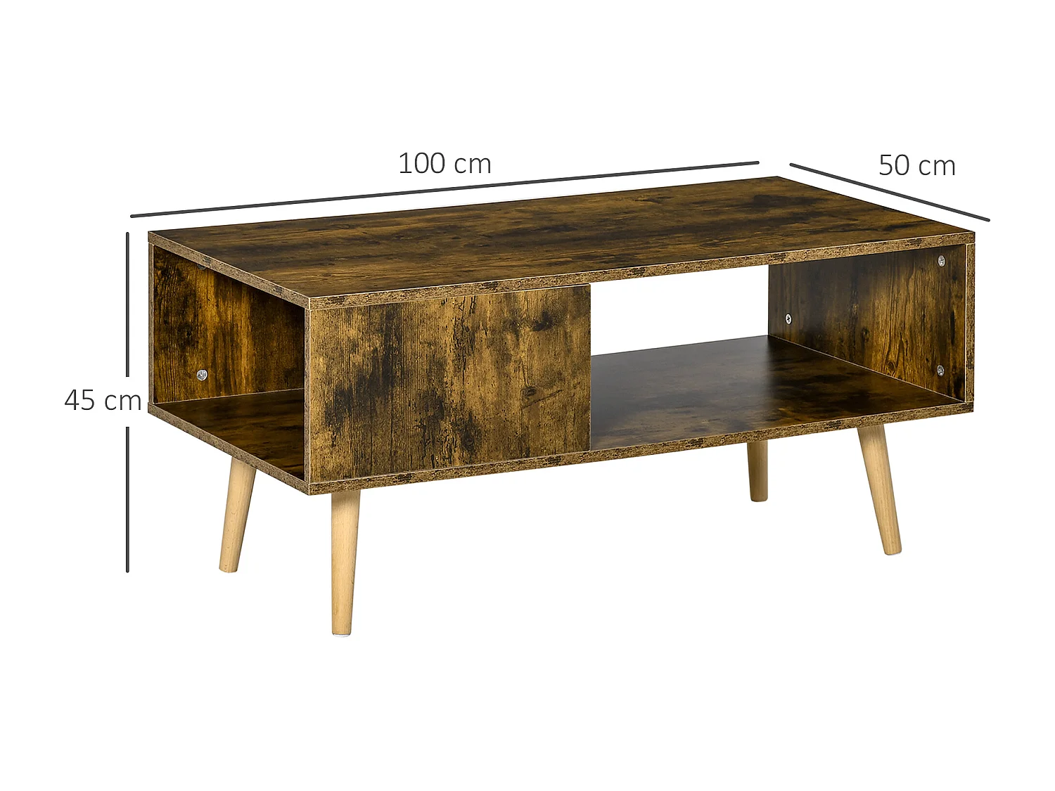 Table basse rectangulaire style industriel 2 niches piètement effilé bois de peuplier panneaux particules aspect vieux bois veinage