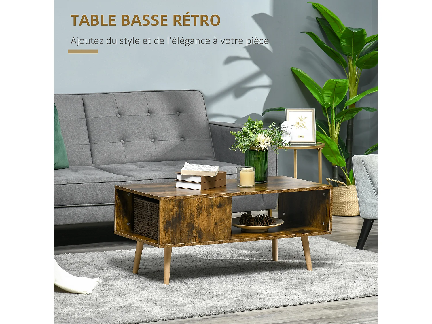 Table basse rectangulaire style industriel 2 niches piètement effilé bois de peuplier panneaux particules aspect vieux bois veinage