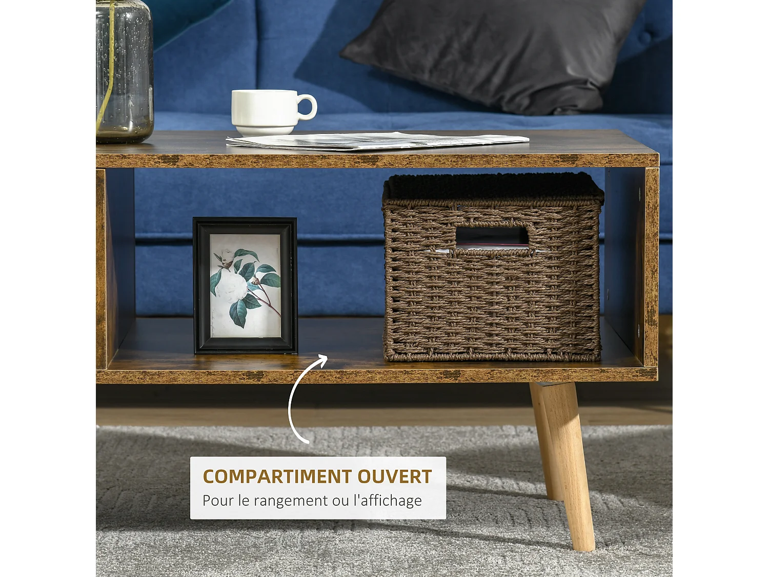 Table basse rectangulaire style industriel 2 niches piètement effilé bois de peuplier panneaux particules aspect vieux bois veinage