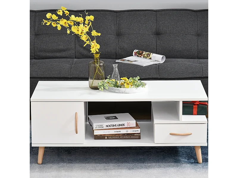 Table basse rectangulaire design scandinave 100L x 50l x 40H cm niche + tiroir & placard bois massif pin panneaux particules blanc