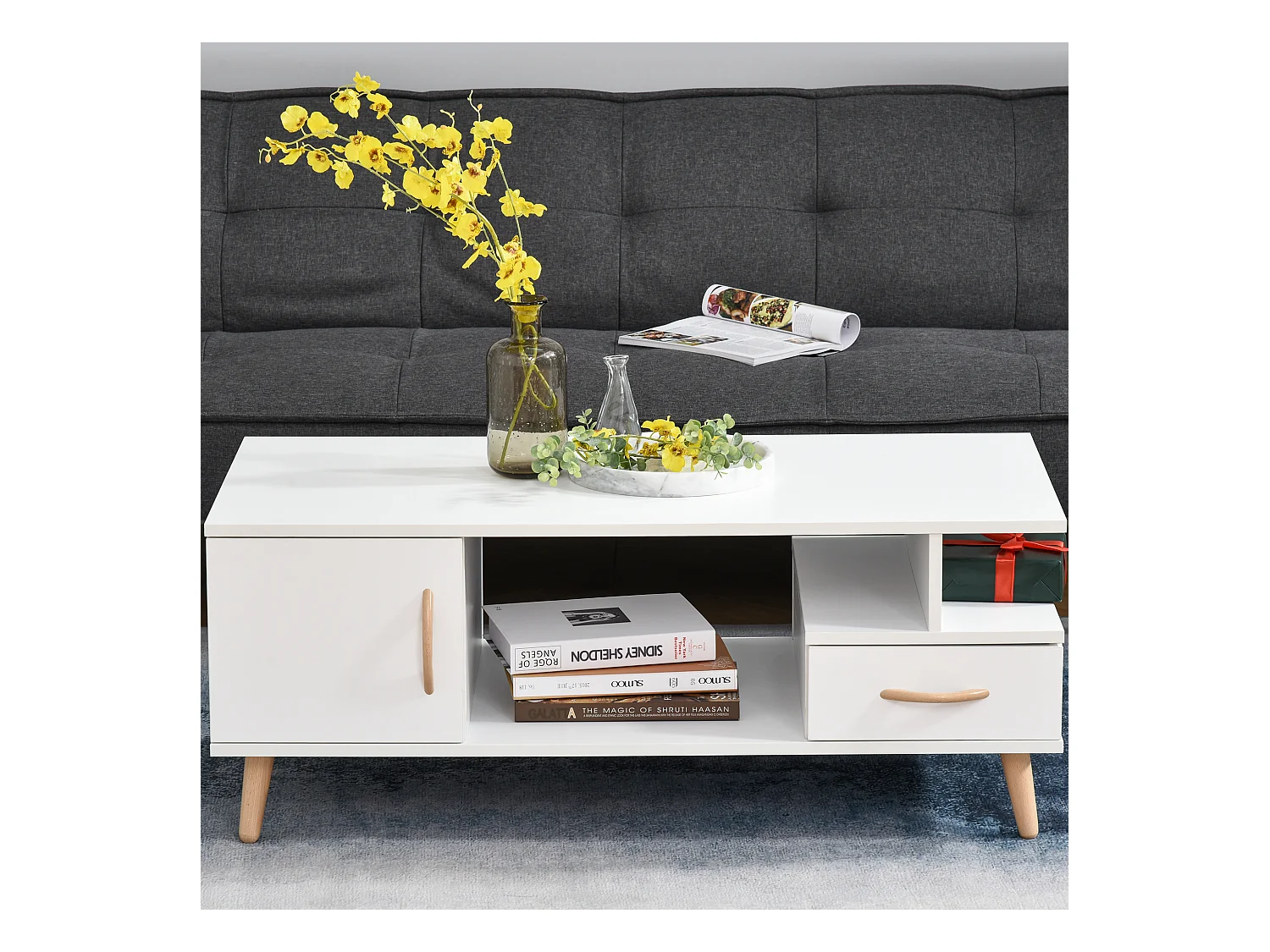 Table basse rectangulaire design scandinave 100L x 50l x 40H cm niche + tiroir & placard bois massif pin panneaux particules blanc