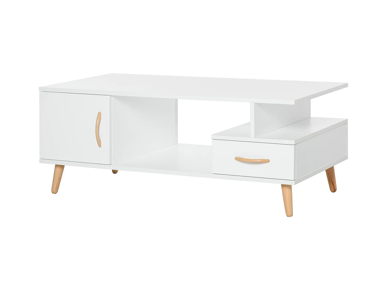 Table basse rectangulaire design scandinave 100L x 50l x 40H cm niche + tiroir & placard bois massif pin panneaux particules blanc