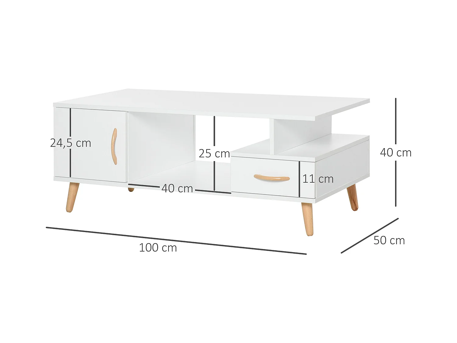 Table basse rectangulaire design scandinave 100L x 50l x 40H cm niche + tiroir & placard bois massif pin panneaux particules blanc
