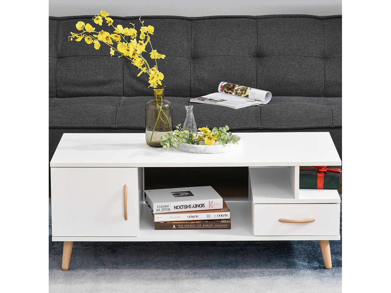 Table basse rectangulaire design scandinave 100L x 50l x 40H cm niche + tiroir & placard bois massif pin panneaux particules blanc