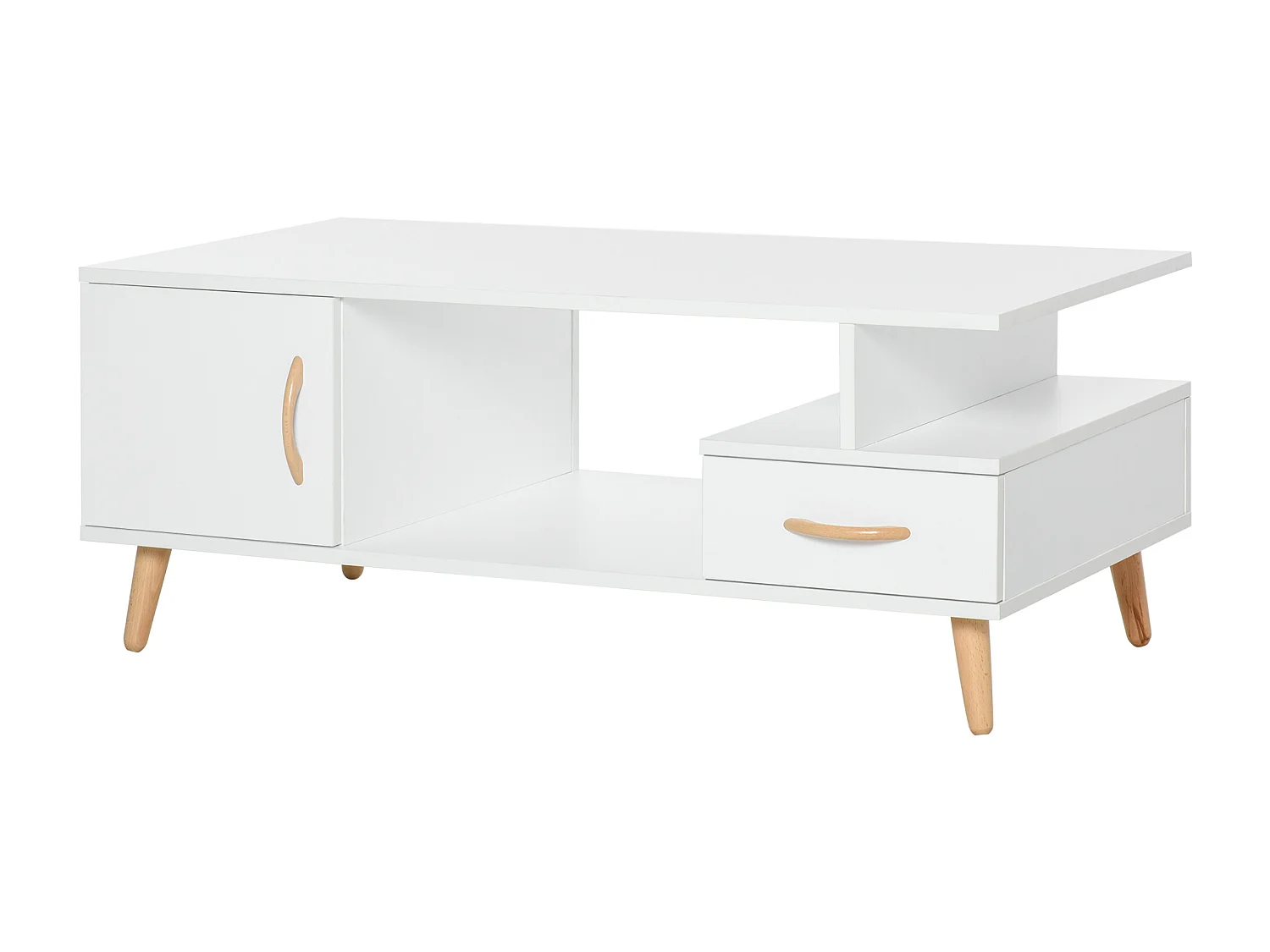 Table basse rectangulaire design scandinave 100L x 50l x 40H cm niche + tiroir & placard bois massif pin panneaux particules blanc