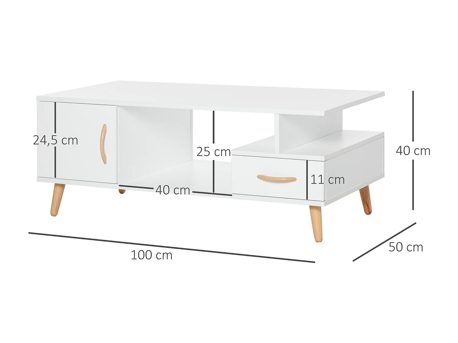 Table basse rectangulaire design scandinave 100L x 50l x 40H cm niche + tiroir & placard bois massif pin panneaux particules blanc