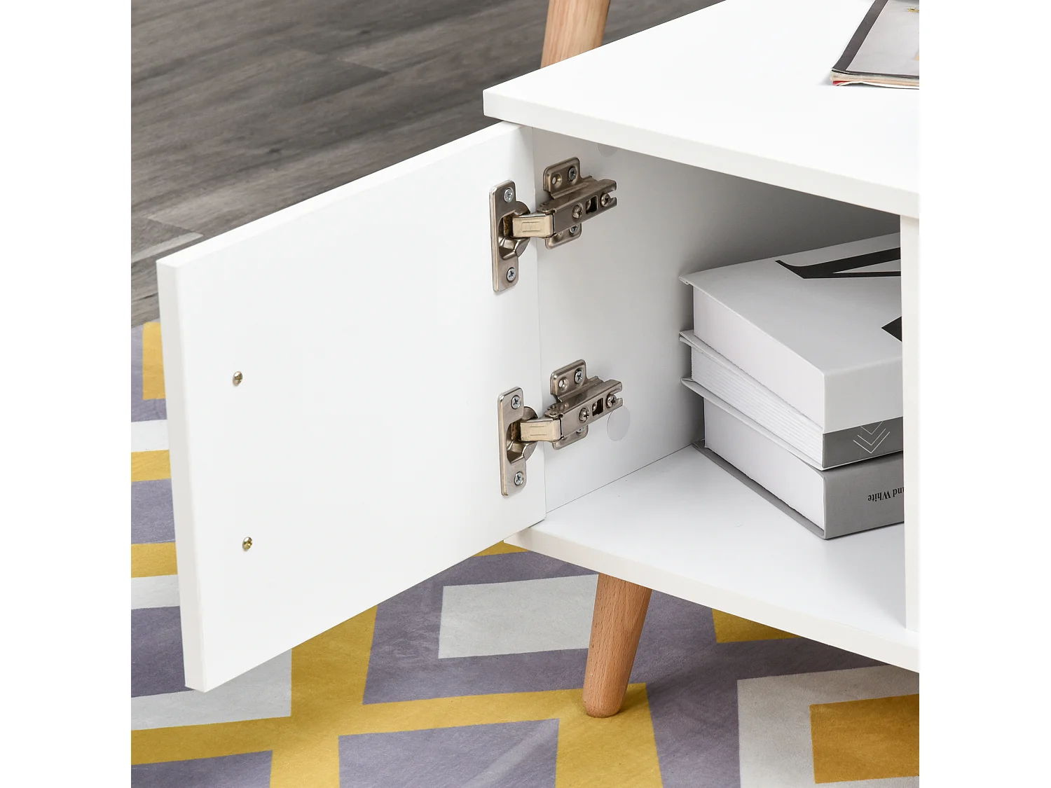 Table basse rectangulaire design scandinave 100L x 50l x 40H cm niche + tiroir & placard bois massif pin panneaux particules blanc