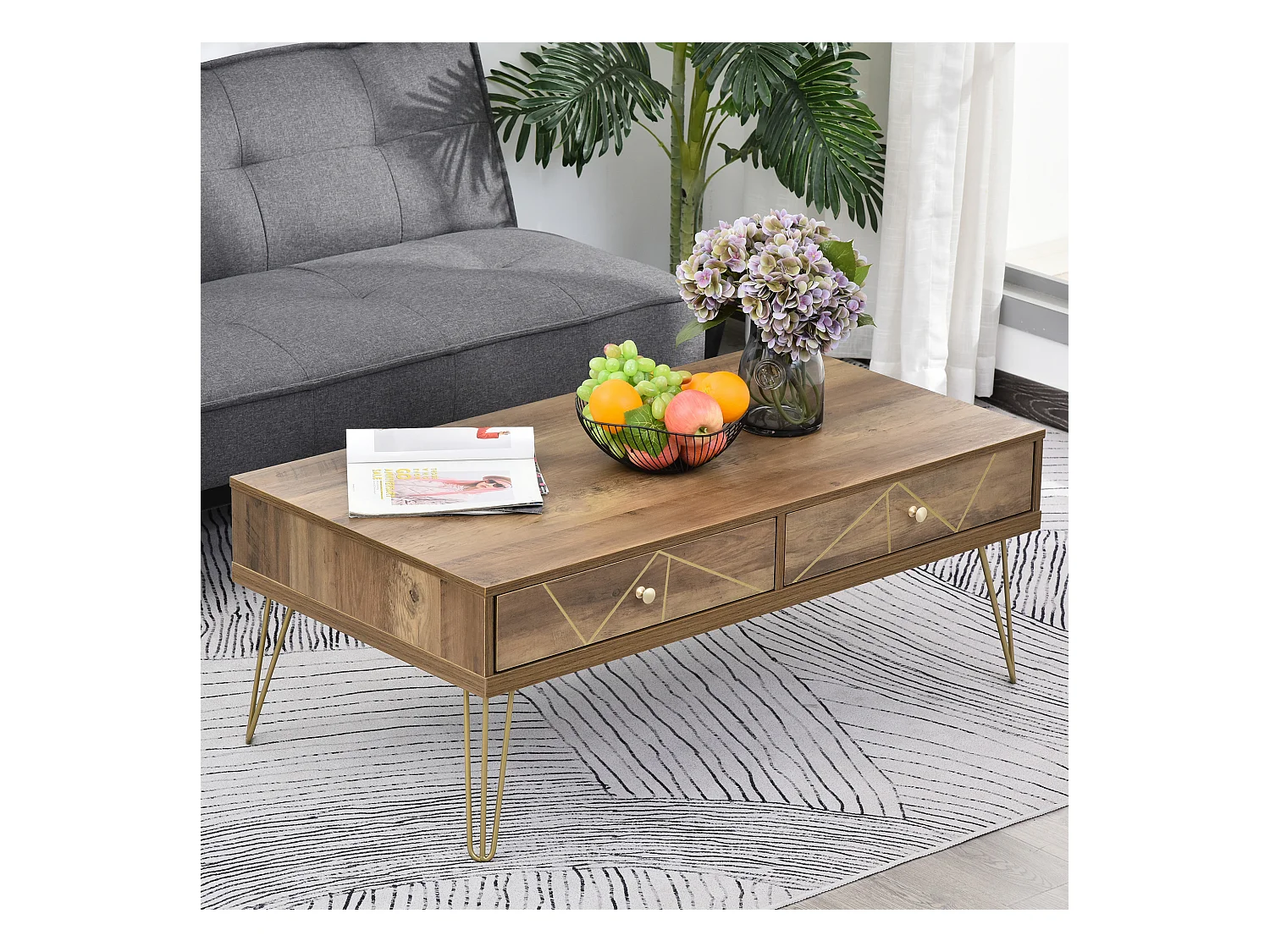 Table Basse en Bois Table de Salon Grand Plateau et 2 Tiroirs Design de Luxe Élégant Décoration avec Lignes Dorées Peintes à La Main 110L x 59l x 42H cm Brun