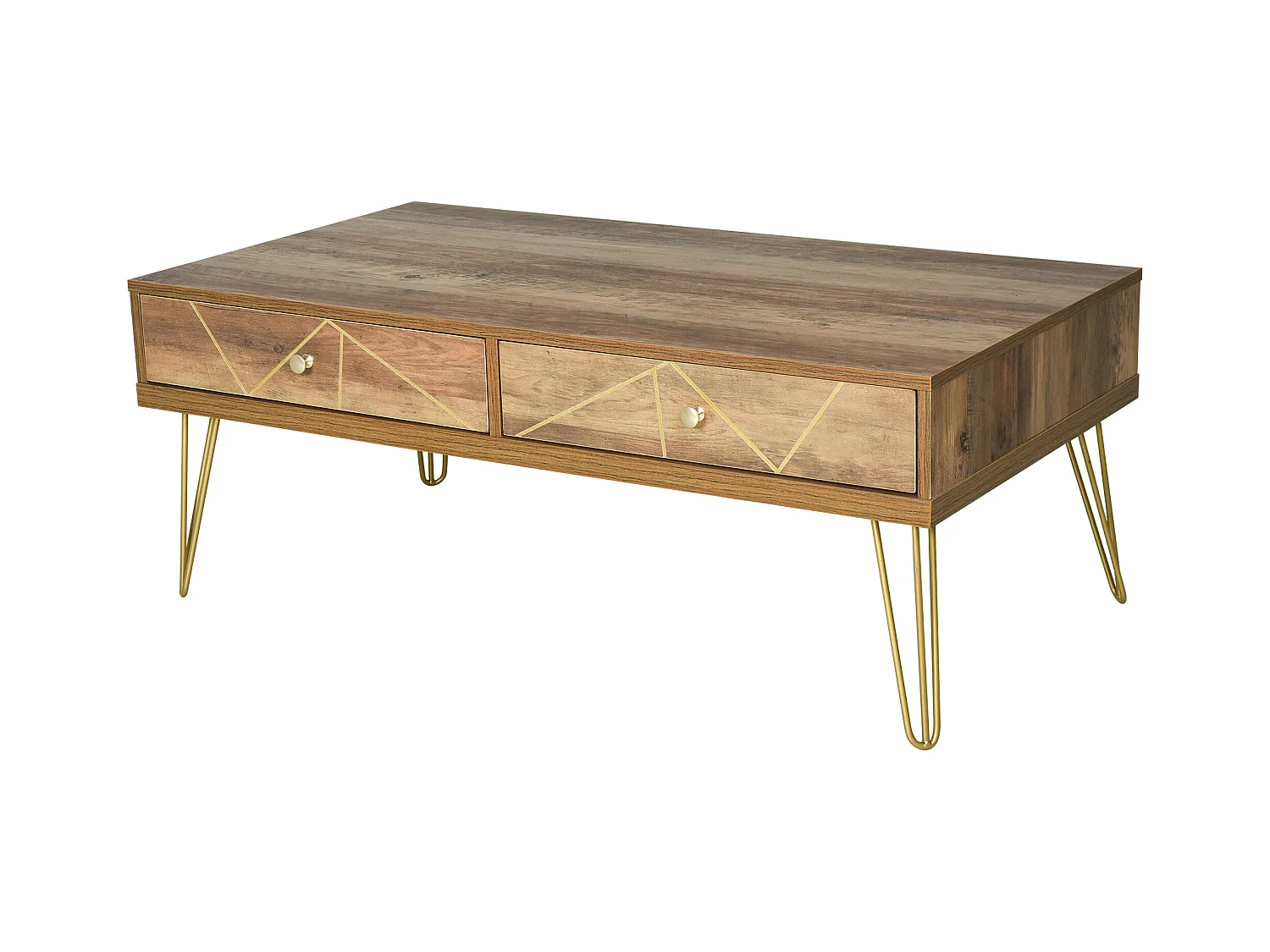 Table Basse en Bois Table de Salon Grand Plateau et 2 Tiroirs Design de Luxe Élégant Décoration avec Lignes Dorées Peintes à La Main 110L x 59l x 42H cm Brun