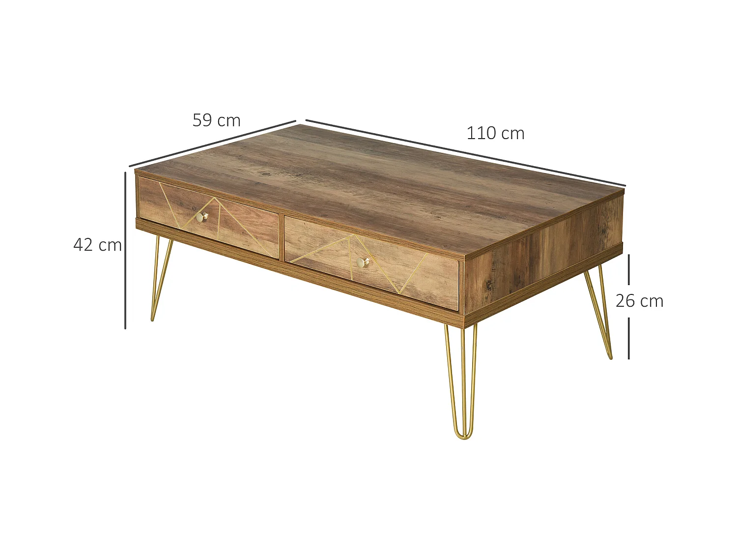 Table Basse en Bois Table de Salon Grand Plateau et 2 Tiroirs Design de Luxe Élégant Décoration avec Lignes Dorées Peintes à La Main 110L x 59l x 42H cm Brun