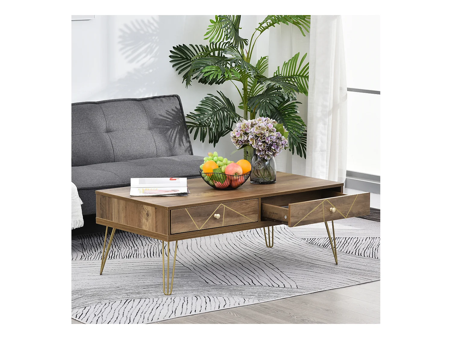 Table Basse en Bois Table de Salon Grand Plateau et 2 Tiroirs Design de Luxe Élégant Décoration avec Lignes Dorées Peintes à La Main 110L x 59l x 42H cm Brun