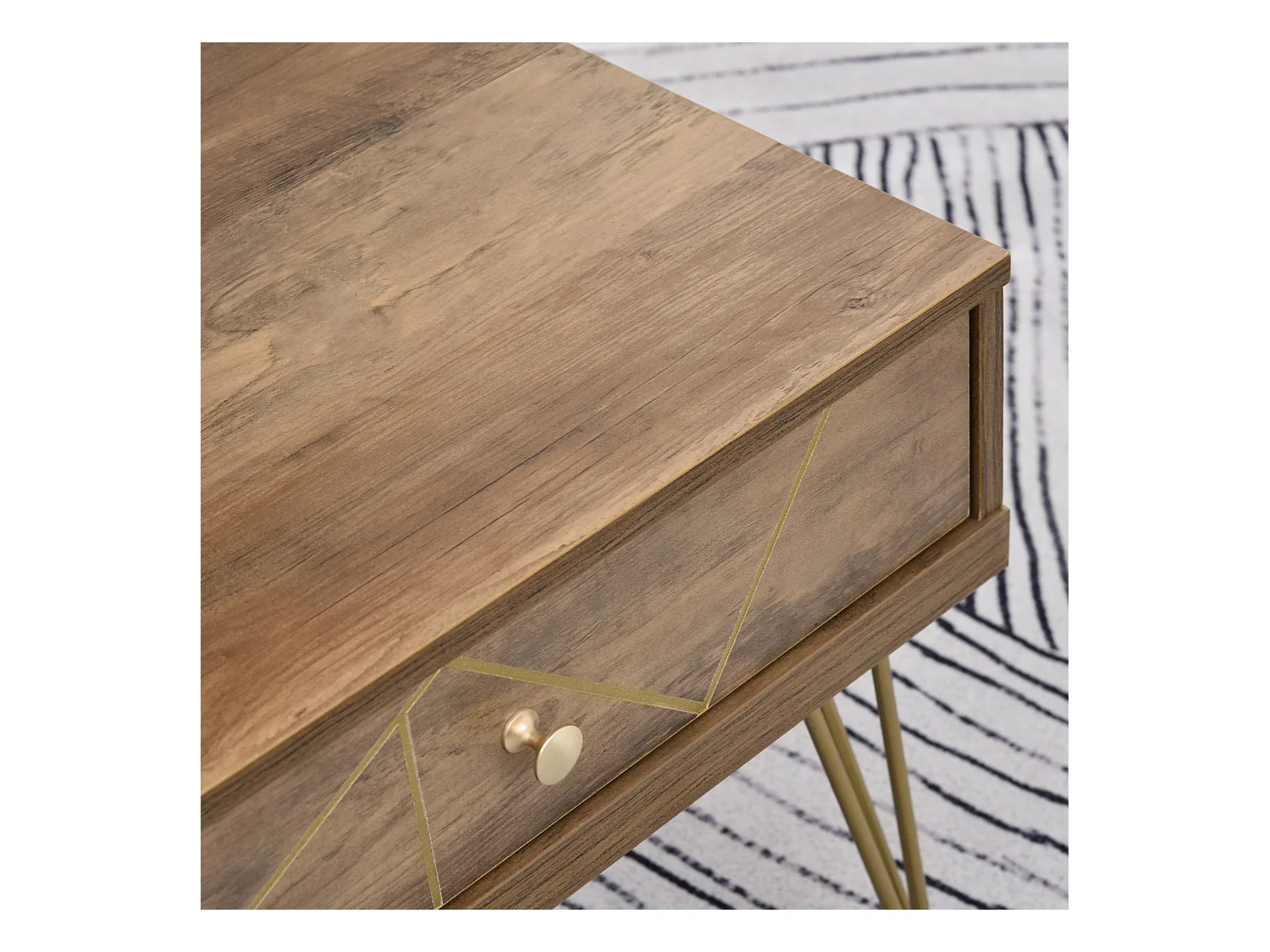 Table Basse en Bois Table de Salon Grand Plateau et 2 Tiroirs Design de Luxe Élégant Décoration avec Lignes Dorées Peintes à La Main 110L x 59l x 42H cm Brun