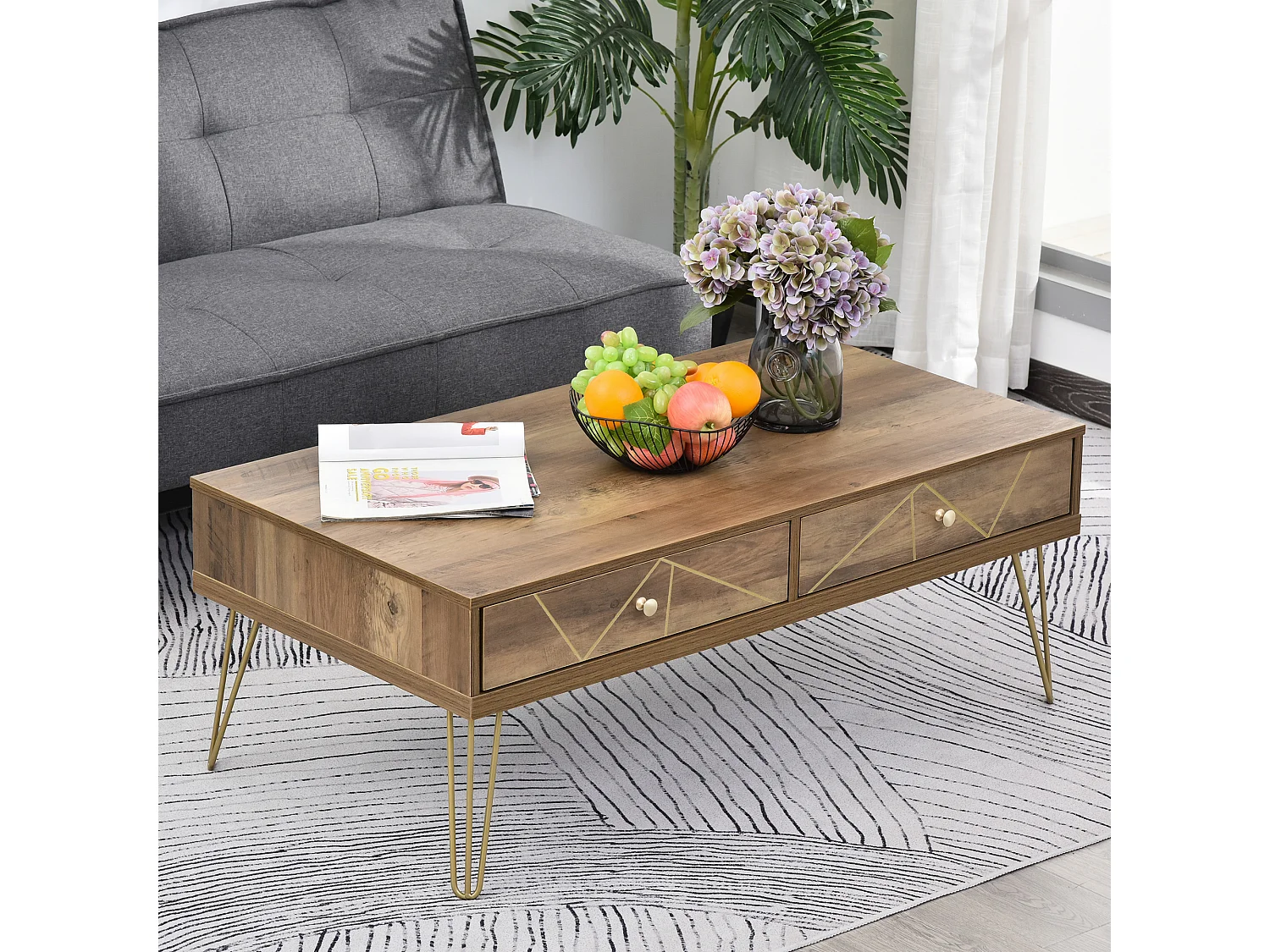 Table Basse en Bois Table de Salon Grand Plateau et 2 Tiroirs Design de Luxe Élégant Décoration avec Lignes Dorées Peintes à La Main 110L x 59l x 42H cm Brun