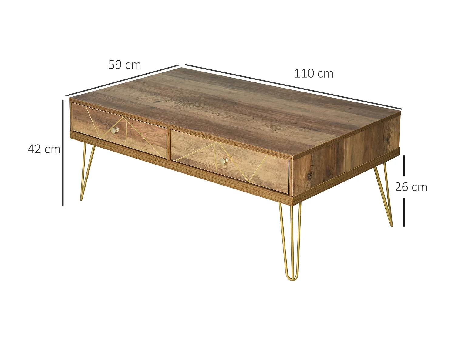 Table Basse en Bois Table de Salon Grand Plateau et 2 Tiroirs Design de Luxe Élégant Décoration avec Lignes Dorées Peintes à La Main 110L x 59l x 42H cm Brun