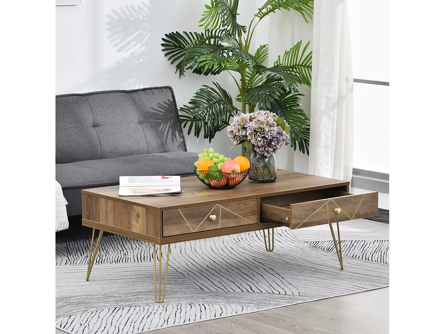 Table Basse en Bois Table de Salon Grand Plateau et 2 Tiroirs Design de Luxe Élégant Décoration avec Lignes Dorées Peintes à La Main 110L x 59l x 42H cm Brun