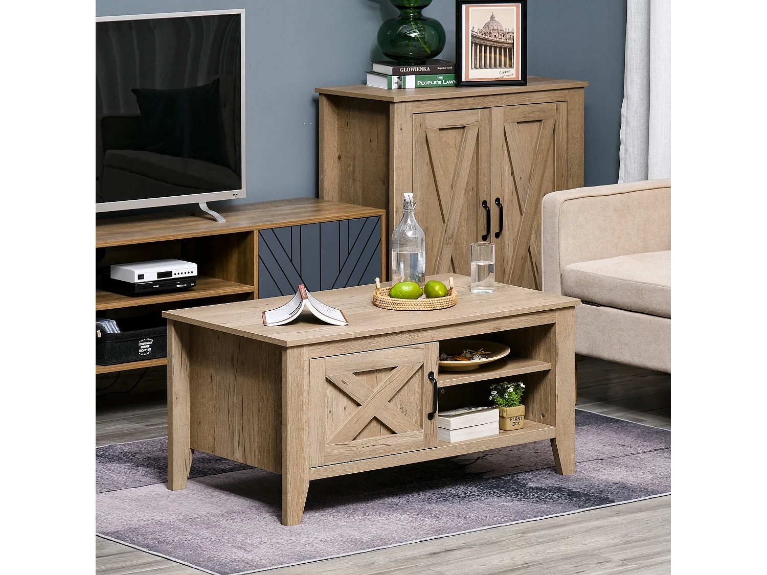 Table basse rectangulaire style rural chic placard avec étagère 2 niches MDF aspect bois clair