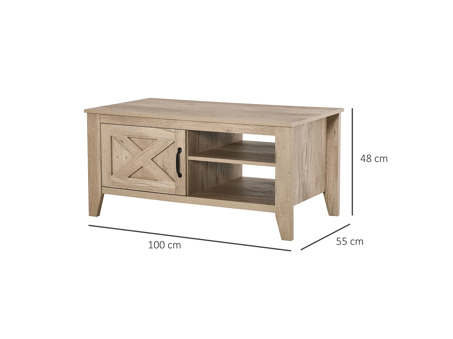 Table basse rectangulaire style rural chic placard avec étagère 2 niches MDF aspect bois clair