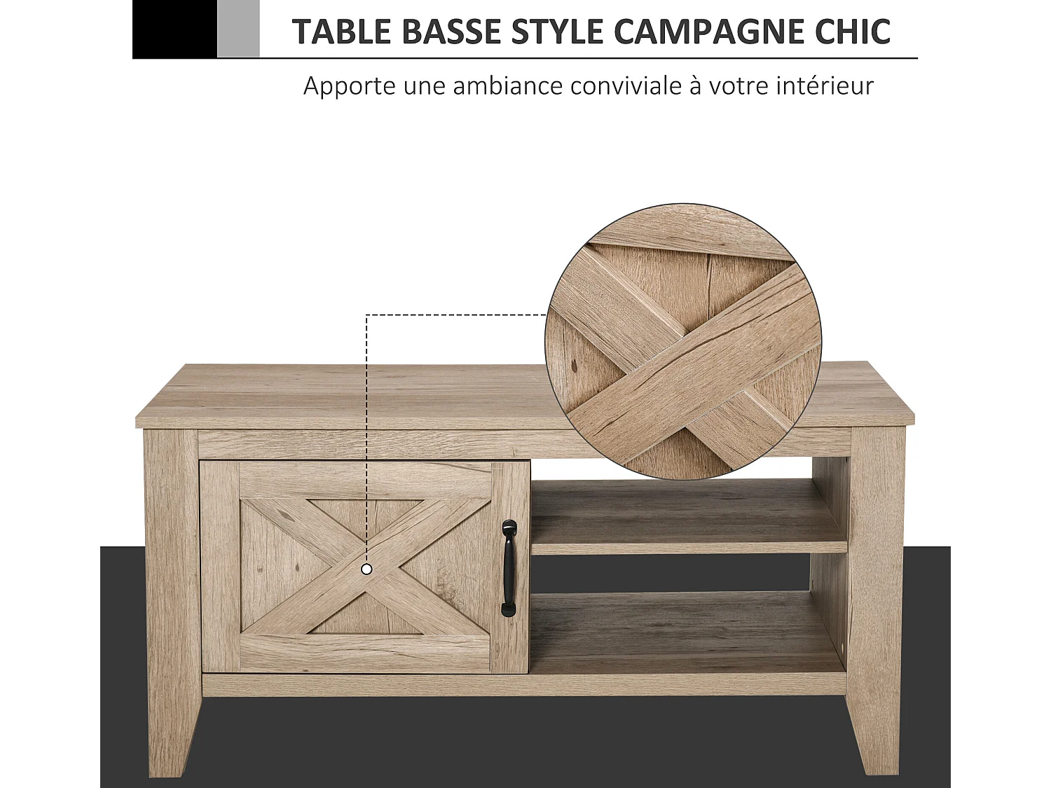 Table basse rectangulaire style rural chic placard avec étagère 2 niches MDF aspect bois clair