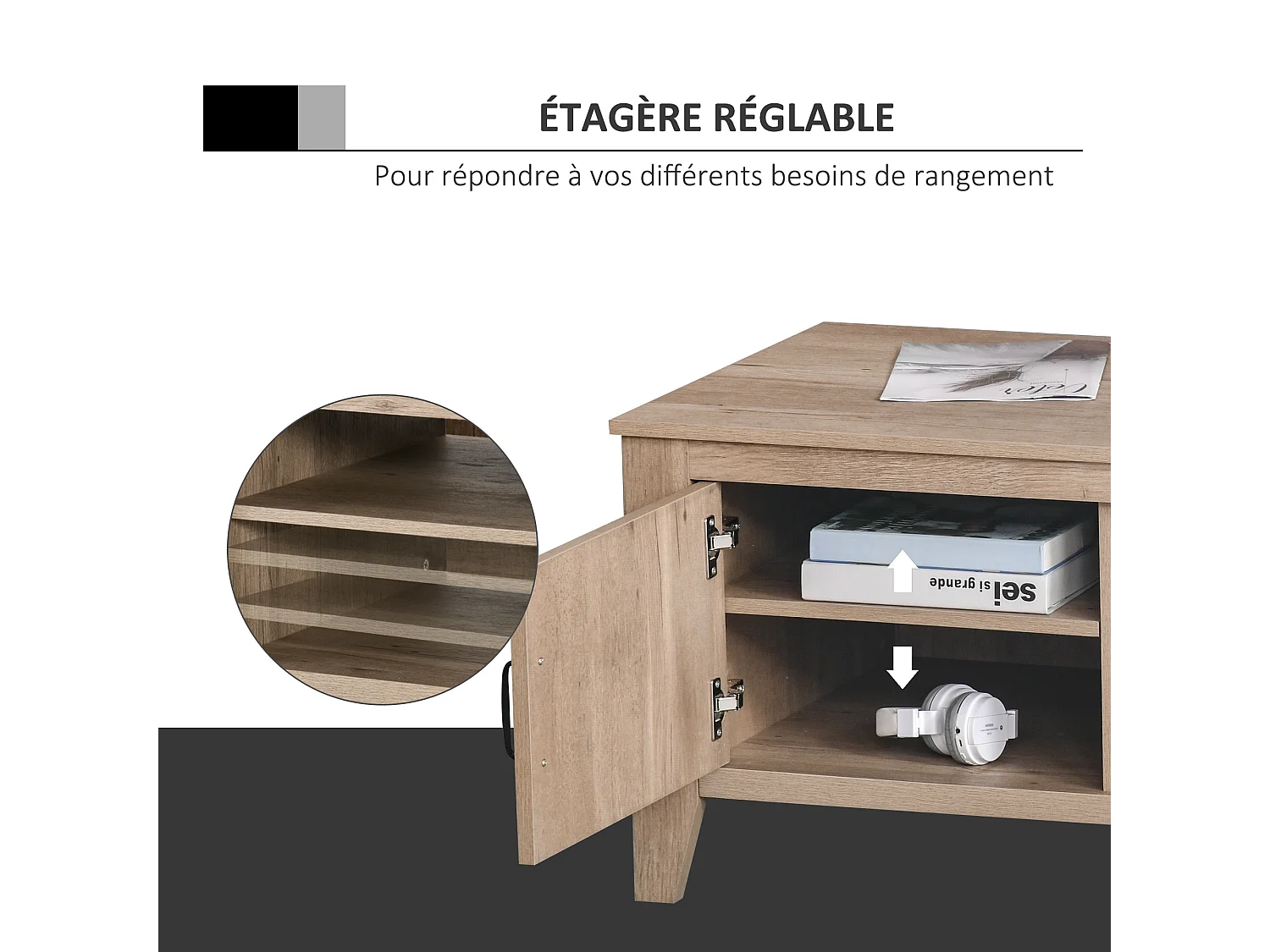 Table basse rectangulaire style rural chic placard avec étagère 2 niches MDF aspect bois clair