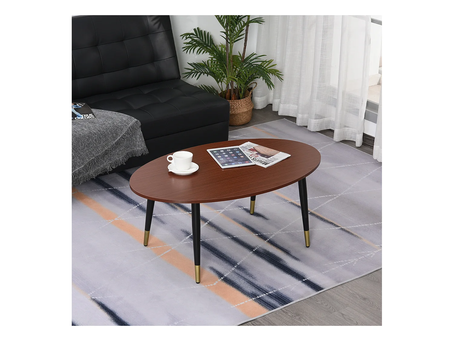 Table basse table d'appoint ovale multifonctionnelle dim. 100 x 60 x 42 cm aspect teck foncé