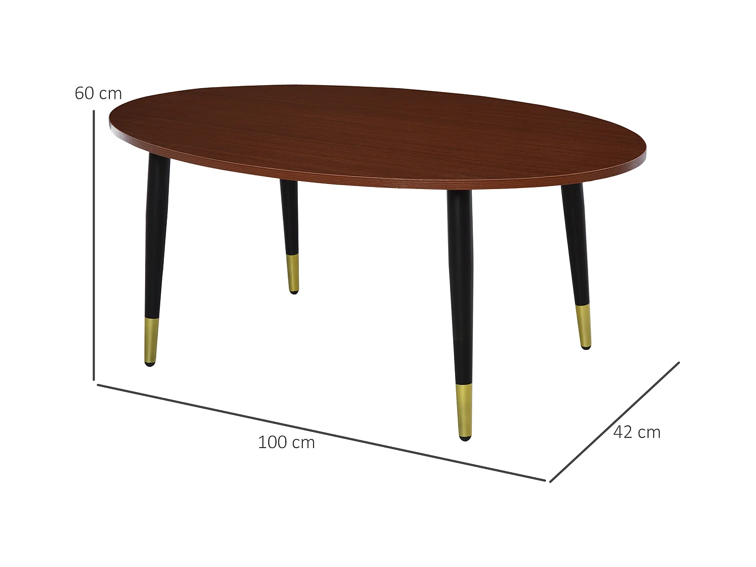 Table basse table d'appoint ovale multifonctionnelle dim. 100 x 60 x 42 cm aspect teck foncé