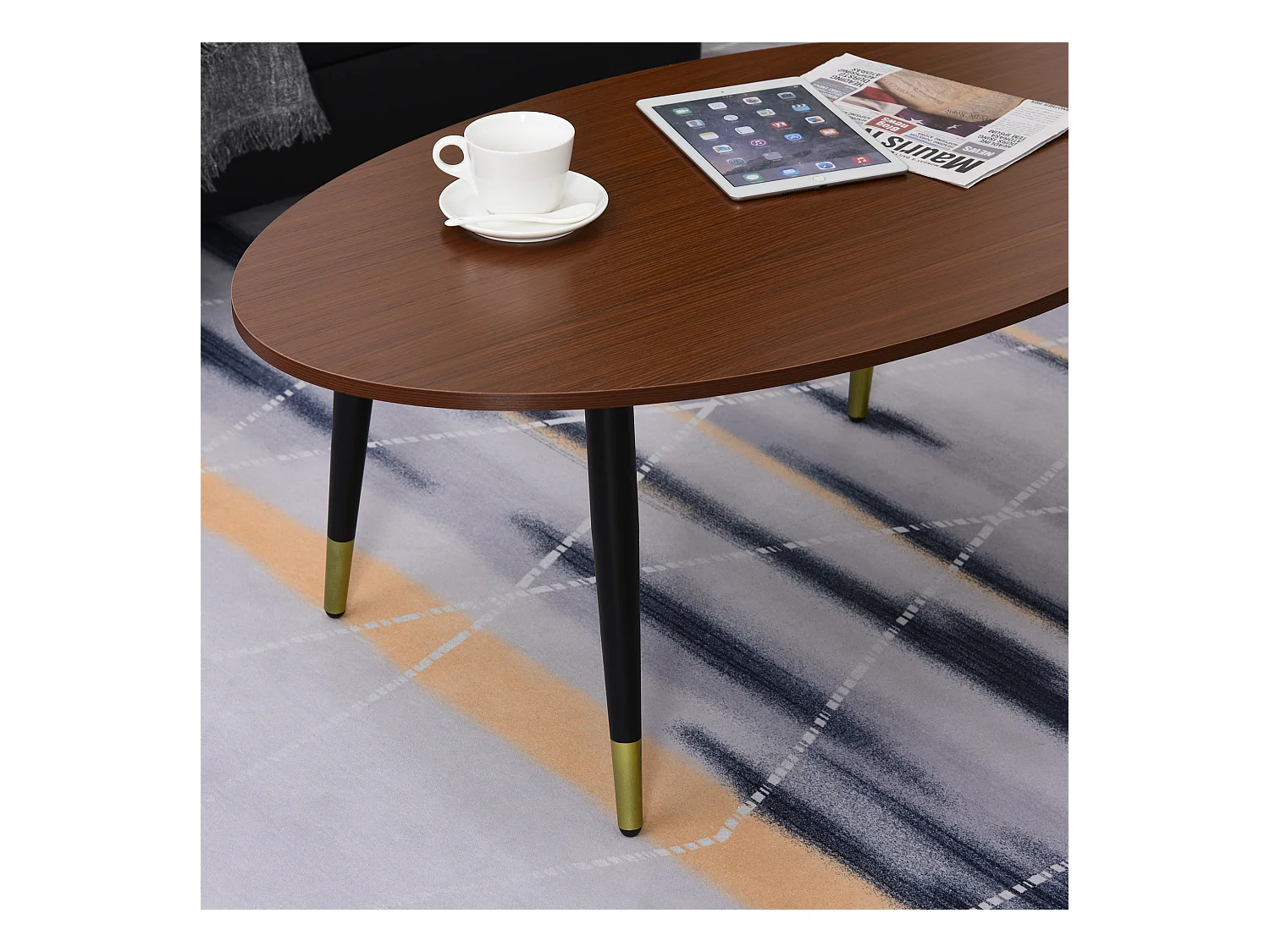 Table basse table d'appoint ovale multifonctionnelle dim. 100 x 60 x 42 cm aspect teck foncé