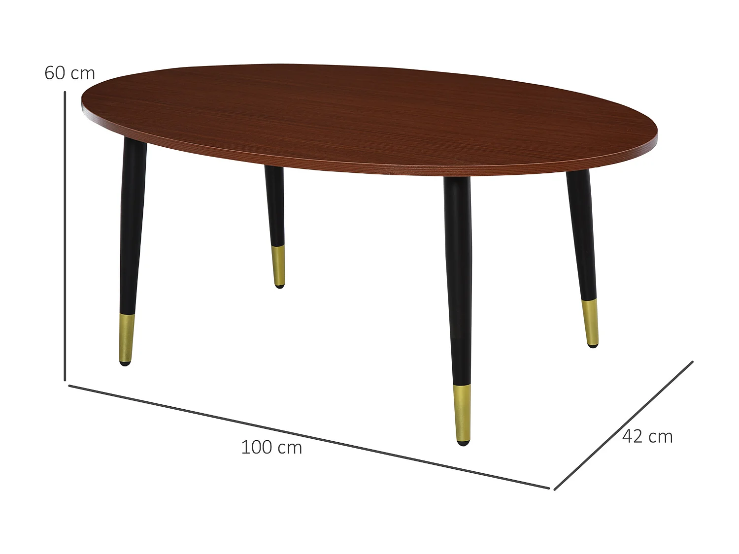 Table basse table d'appoint ovale multifonctionnelle dim. 100 x 60 x 42 cm aspect teck foncé