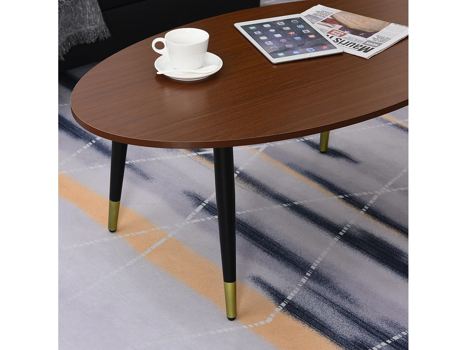 Table basse table d'appoint ovale multifonctionnelle dim. 100 x 60 x 42 cm aspect teck foncé