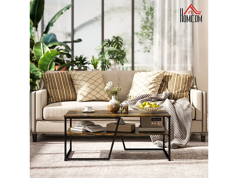 Table basse rectangulaire design industriel avec étagère acier noir panneaux aspect vieux bois veinage