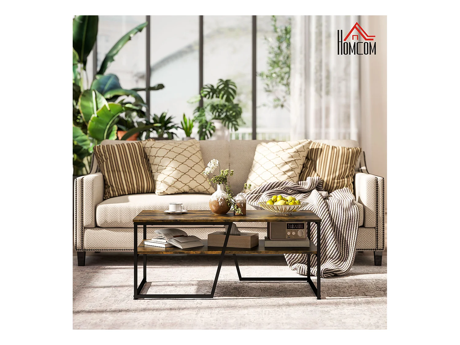 Table basse rectangulaire design industriel avec étagère acier noir panneaux aspect vieux bois veinage