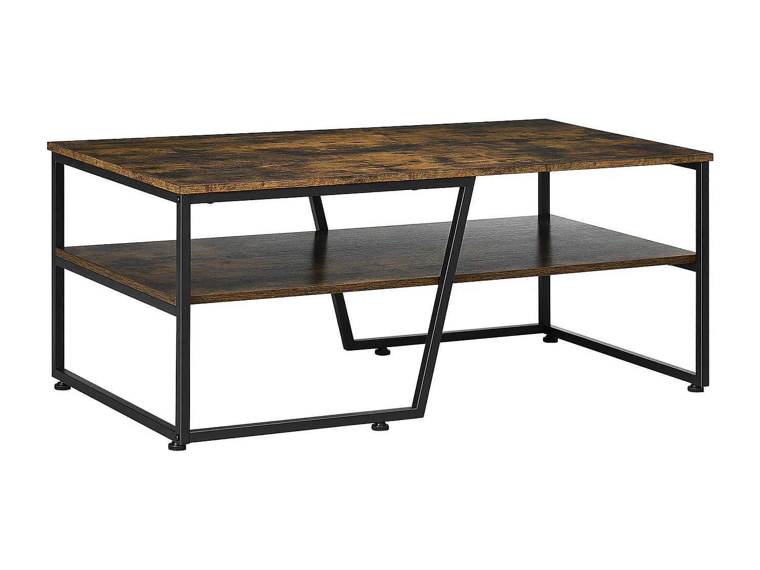 Table basse rectangulaire design industriel avec étagère acier noir panneaux aspect vieux bois veinage