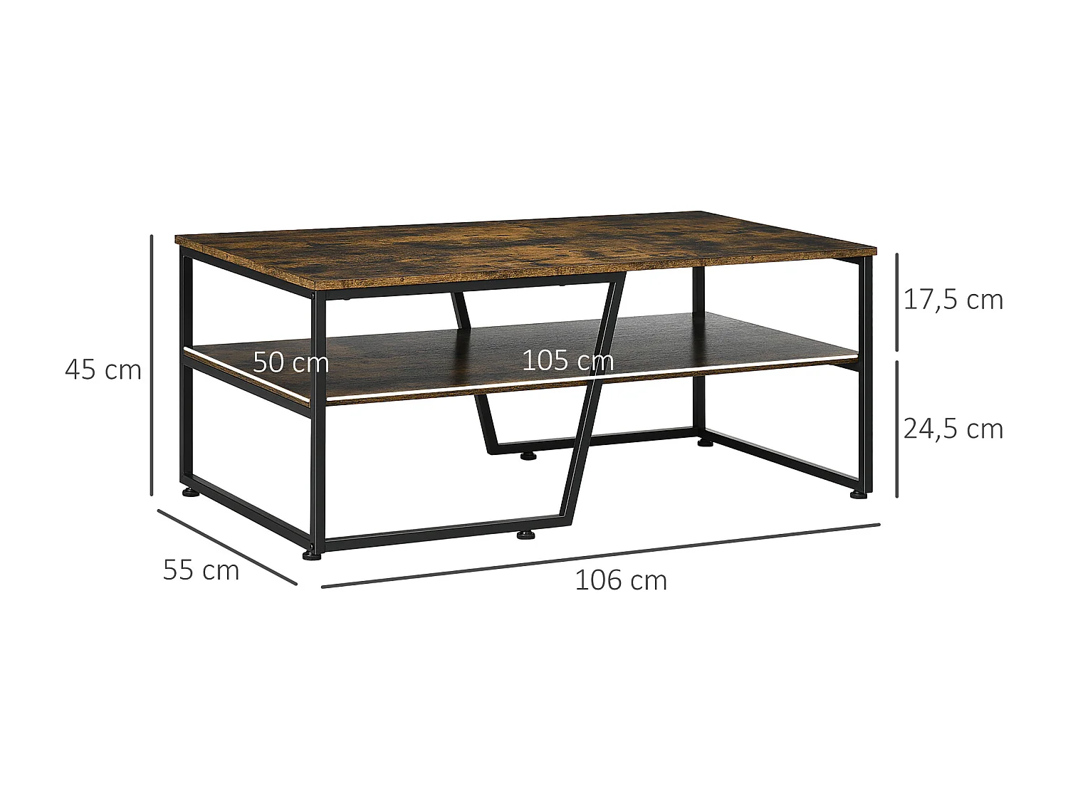 Table basse rectangulaire design industriel avec étagère acier noir panneaux aspect vieux bois veinage