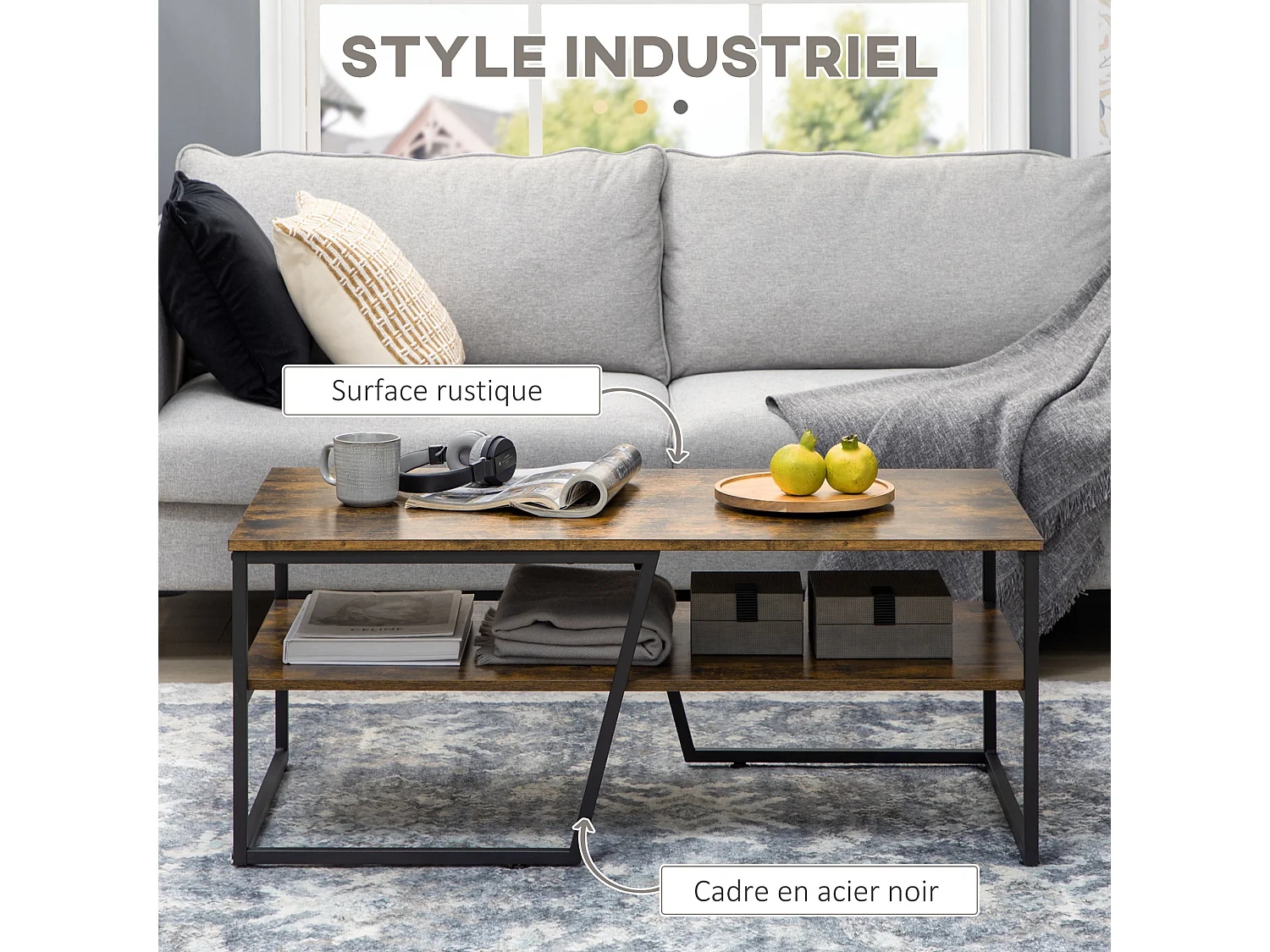 Table basse rectangulaire design industriel avec étagère acier noir panneaux aspect vieux bois veinage