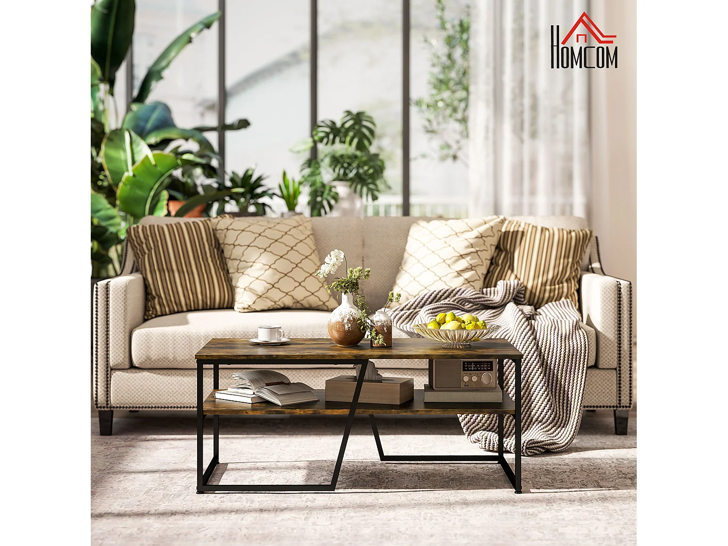 Table basse rectangulaire design industriel avec étagère acier noir panneaux aspect vieux bois veinage