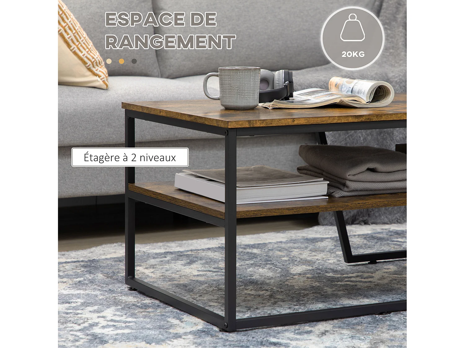 Table basse rectangulaire design industriel avec étagère acier noir panneaux aspect vieux bois veinage