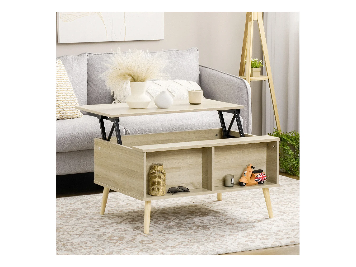 Table basse relevable - 2 niches, coffre de rangement - dim. 85L x 60l x 59,5H cm - aspect bois chêne clair