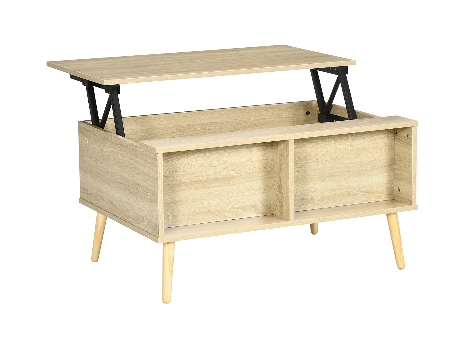 Table basse relevable - 2 niches, coffre de rangement - dim. 85L x 60l x 59,5H cm - aspect bois chêne clair
